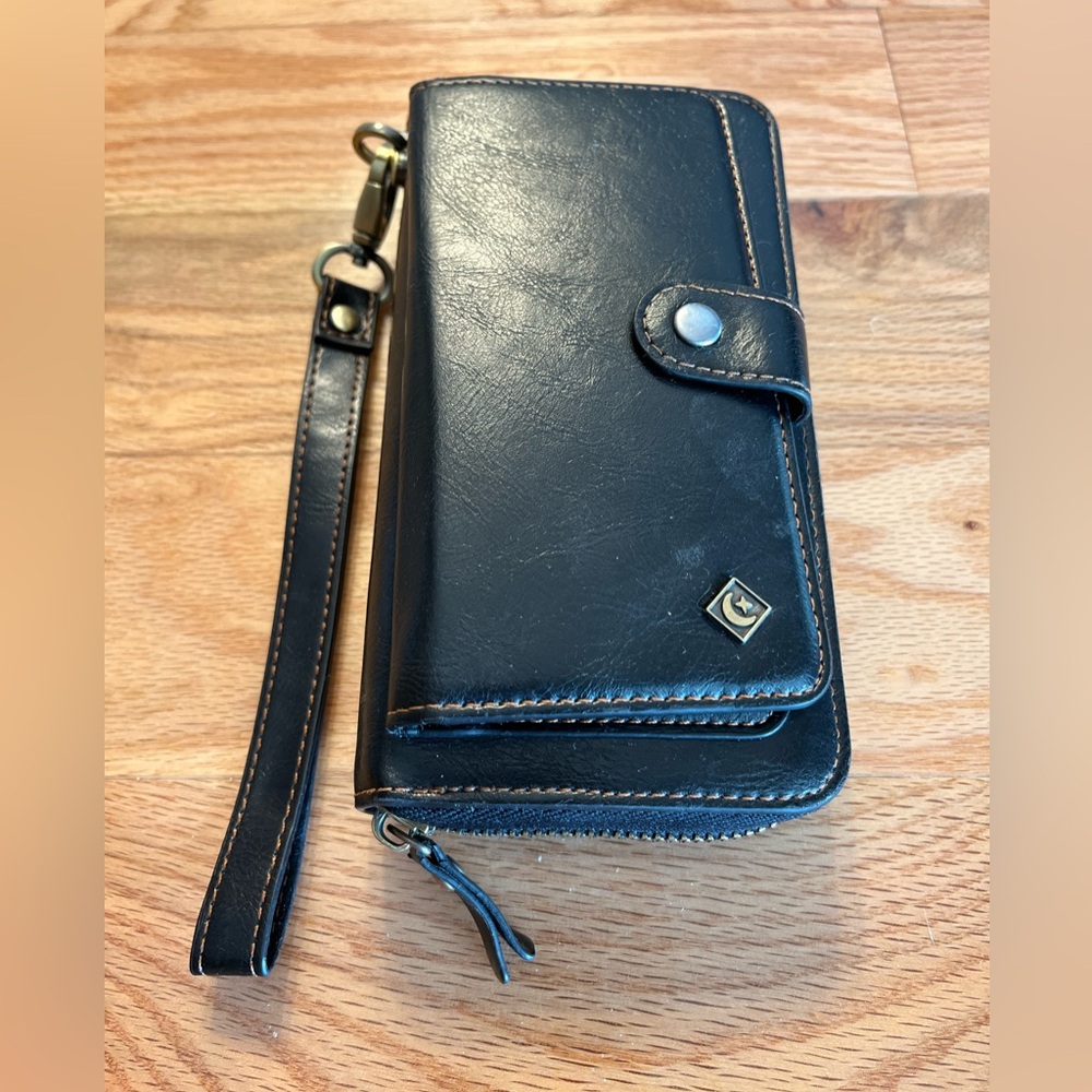 POL Black Leather Wristlet Phone Case with Zip and Snap